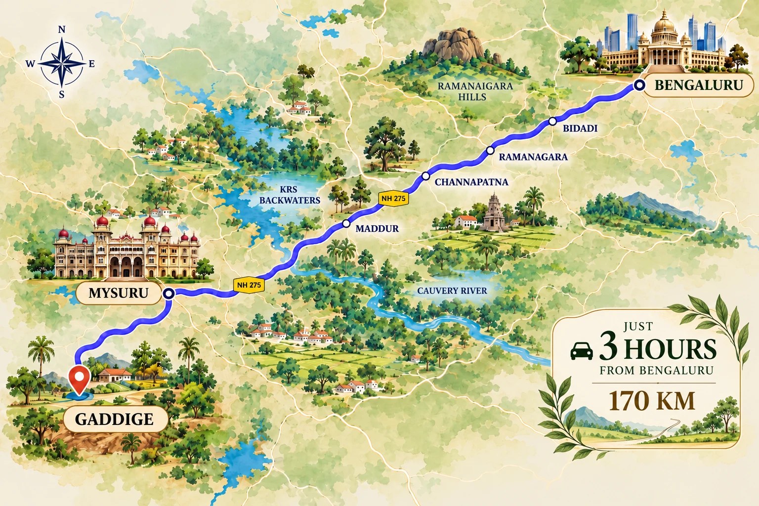 Illustrated route map from Bengaluru to Gaddige via NH 275, passing Bidadi, Ramanagara, Channapatna, Maddur and Mysuru: 3 hours 13 minutes and 170 km